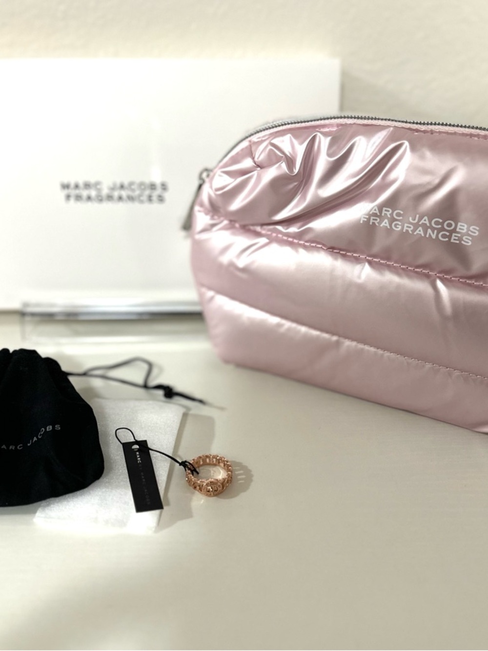 Marc Jacobs Satin Quilted Cosmetic Pouch in Light Pink & MJ Ring
